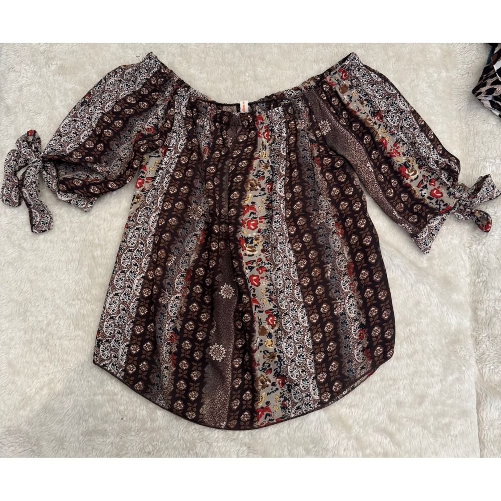 Orange Creek Womens Boho Off The Shoulder Patchwork Floral Tie Sleeve Blouse M